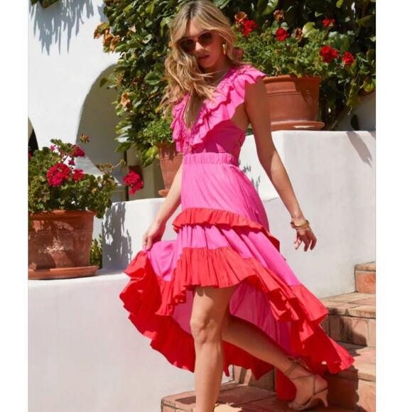 Anthropologie Dresses & Skirts - Anthropologie Do + Be Pink Red Ruffle Asymmetrical Maxi Dress L